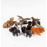 Collection of ornaments, to include silver plated animals, ebony elephants, ladies evening gloves