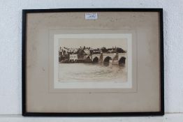 Two etchings by P. Grahame, Old Dee Bridge, Chester, and Falmouth from Pendennis, both pencil signed