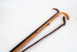 Horn handled walking stick, two other walking sticks, poker (4)