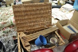Wicker picnic basket and contents of various kitchenalia (qty)