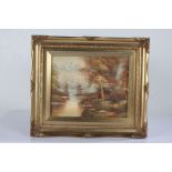 Indistinctly signed oil on canvas, mountainous river scene, housed in a gilt frame, the oil 24cm x