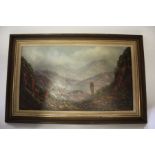 Louise Repsold, landscape study of mountains, signed oil on board, housed within a wooden frame,
