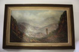 Louise Repsold, landscape study of mountains, signed oil on board, housed within a wooden frame,