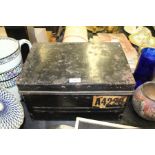 Black painted metal deed box, with turquoise painted interior, together with key, 38cm wide