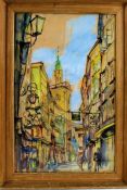 Watercolour depicting a Salzburg street scene, signed indistinctly lower right,  housed in a