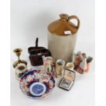 Collection of objects to include glassware, large stoneware jug, Imari bowl and a pair of binoculars