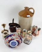 Collection of objects to include glassware, large stoneware jug, Imari bowl and a pair of binoculars