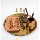 Eastern Benares tray, together with a collection of brass wares, consisting of two pairs of tongs,