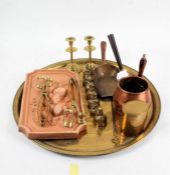 Eastern Benares tray, together with a collection of brass wares, consisting of two pairs of tongs,