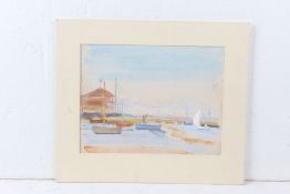 Jean Alexander, boats and figures on a beach, signed watercolour, housed in a gilt glazed frame, the