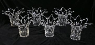 Set of six Modernist style glass vases, each with lattice flared rims and necks, each approx. 32cm