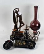 Works of art to include Art Deco style dancing figure, motorcycle and bicycle models, tall purple