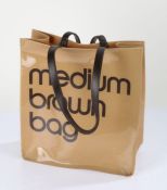 Ladies high shine 'medium brown bag', with leather carrying handles, 32cm wide x 34cm high