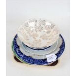 Decorative porcelain, to include two Minton blue and white transfer decorated crescent form salad