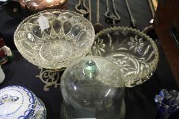 Glass dome, together with a glass bowl on gilt metal stand and another bowl, (4)