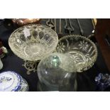 Glass dome, together with a glass bowl on gilt metal stand and another bowl, (4)