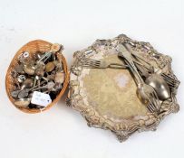 Silver plated salver, with shaped scallop shell border, together with a quantity of plated