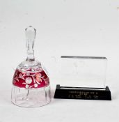 Bohemia style glass hand bell, the ruby central band with etched foliate decoration, 23cm high,
