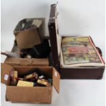 Three boxes and a suitcase of various to include cribbage board, ink bottles, Avery weights, R.H.