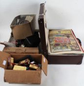 Three boxes and a suitcase of various to include cribbage board, ink bottles, Avery weights, R.H.