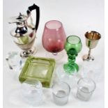 Five whisky tumblers, strawberry glass, plated hot water pot, two glass paperweights, square glass