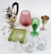 Five whisky tumblers, strawberry glass, plated hot water pot, two glass paperweights, square glass