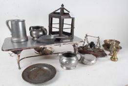 Metal ware to include Tudric Pewter beaten milk jug and twin handled sugar bowl, Arts and Crafts