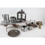 Metal ware to include Tudric Pewter beaten milk jug and twin handled sugar bowl, Arts and Crafts