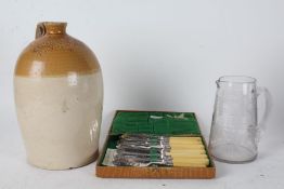 Victorian glass jug, with etched a bridge and fern leaves, together with a stoneware advertising