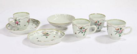 Four 19th Century Chinese porcelain cups, with three various matching dishes, all painted with