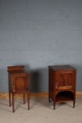 Edwardian mahogany and boxwood strung pot cupboard, the shaped upstand above a single panelled