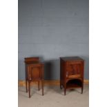 Edwardian mahogany and boxwood strung pot cupboard, the shaped upstand above a single panelled