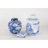 Chinese blue and white hexagonal jar decorated with a landscape scene, ginger jar and cover with