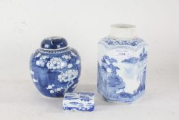 Chinese blue and white hexagonal jar decorated with a landscape scene, ginger jar and cover with