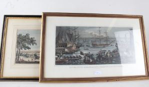 Two 19th Century coloured engravings, "Prospectus Versus Londinum", housed in an ebonised, gilt
