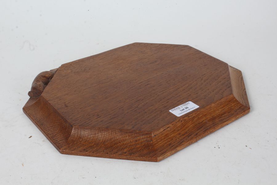 Robert "Mouseman" Thompson bread board, with carved mouse to the border, 30.5cm wide, 25cm deep