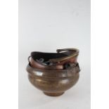 Eastern brass spot hammered pot, with scroll handles, 35cm diameter, together with a Victorian