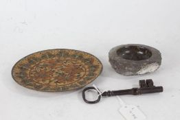 Lands End souvenir carved stone dish, 19th Century steel key, brass dish with foliate decoration (