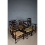 Set of five 19th Century oak ladder back dining chairs, to include three single and two carver