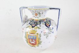 Rouen porcelain vase, the neck with twin angular handles, the bulbous body decorated with the