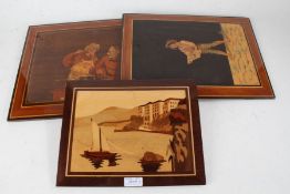 Three Sorrento ware panels depicting a coastal scene with moored boat, depiction of a young boy
