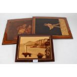 Three Sorrento ware panels depicting a coastal scene with moored boat, depiction of a young boy