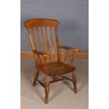 Early 20th century elm seated windsor chair, with slat back rest, raised on turned legs, 60cm wide