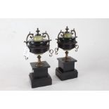 Pair of Edwardian onyx, slate and metal mounted garniture vases, with pierced scrolled handles to