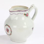 19th Century Chinese export porcelain jug, painted with pink and purple flowers, with scroll handle,