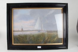 Early 20th Century Norfolk Broads scene, with sailing vessel passing a windmill, unsigned oil on