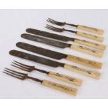 Unusual set of 19th century steel and bone knives and forks, consisting of four knives and four