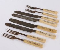 Unusual set of 19th century steel and bone knives and forks, consisting of four knives and four