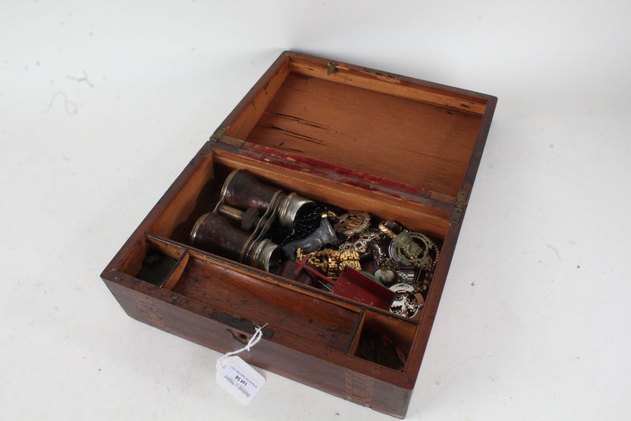 Victorian marquetry inlaid writing slope containing works of art to include Knight chess piece