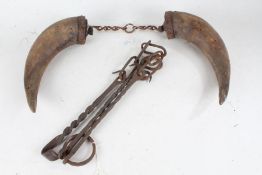 19th century wrought iron suspension chain, and a pair of 19th century horn water carriers (3)